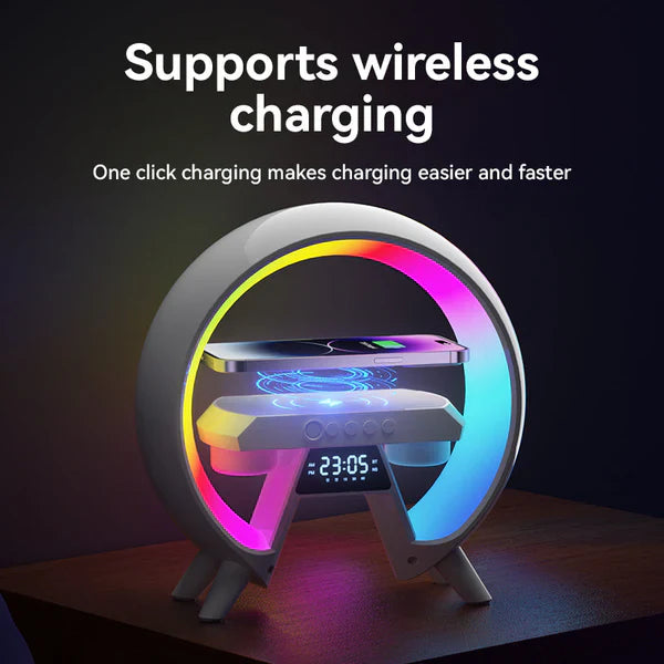 G-Shaped RGB Light Table Lamp with Wireless Charger & Clock