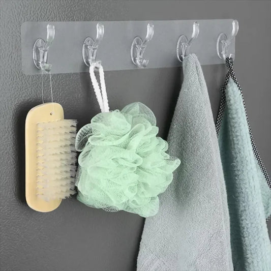 6-Row Transparent Self-Adhesive Wall Hooks Rack – Pack of 1