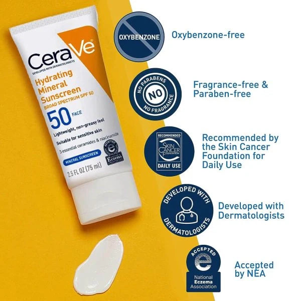 Cerave Hydrating Mineral Sunscreen SPF 50 – 100ml | Broad Spectrum